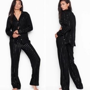 Victoria's Secret Black Flannel Pajamas Set Silver Metallic Stripe M